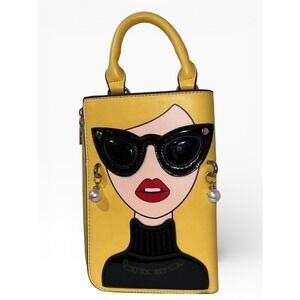 Yellow Novelty Face Satchel Bag Pearl Earrings Sunglasses Mini Top Handle Purse